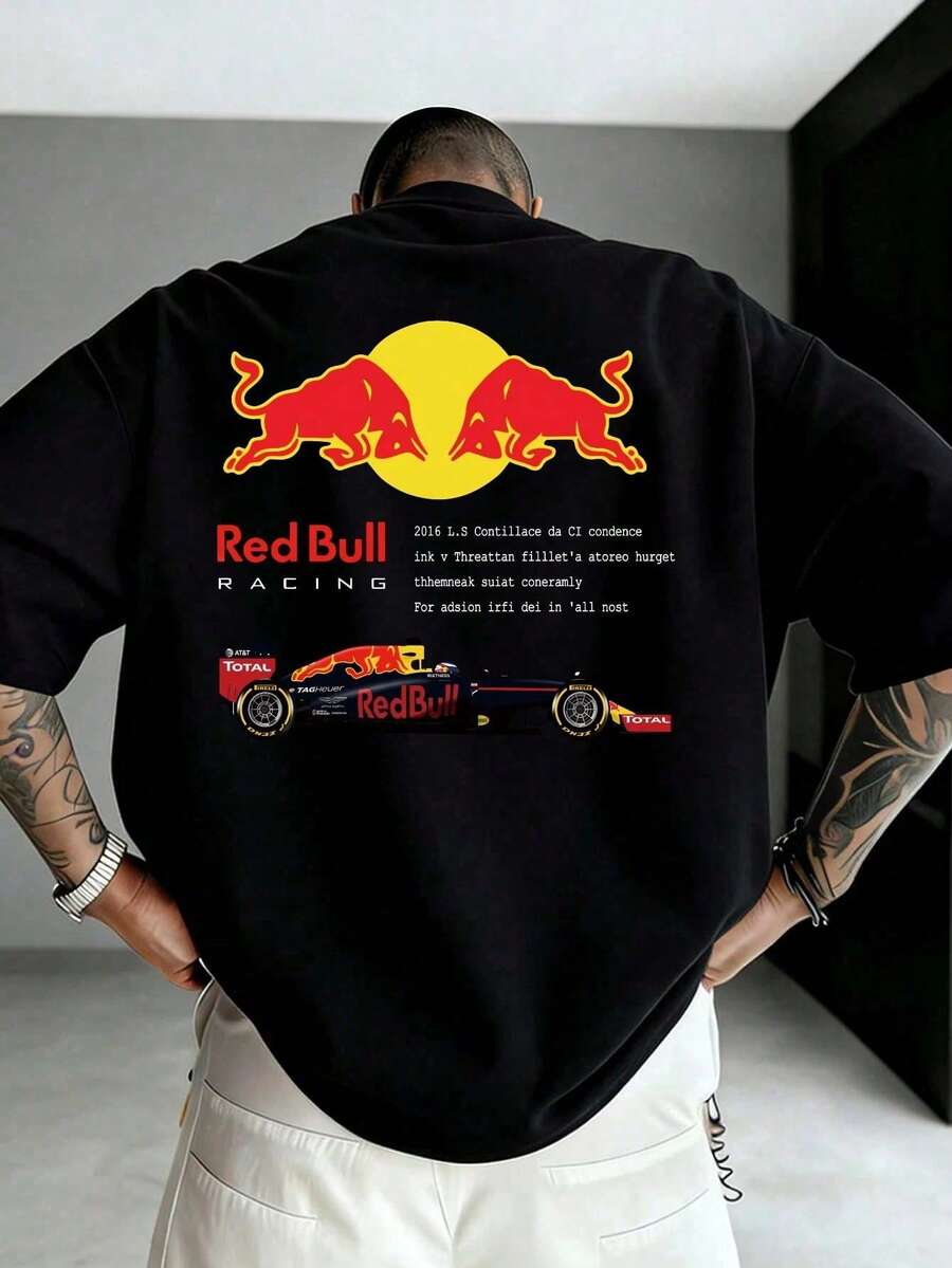 Men's T-Shirt, 100% Argodo Brand, With A "R-E-D B-U-L-L Racing" Print. This Popular Summer T-Shirt Is A Perfect Gift And Features An Urban Hip-Hop Style For Both Men And Women. - 黑色 - 查看 1
