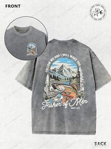 El Evangelio de Mateo, pesca, pescador, religión, camiseta de algodón 100% con estampado batik vintage lavado de doble cara de 250g, cómoda para el verano, sencilla e informal, camiseta de manga corta refrescante para hombre con un corte holgado informal. - Gris - Ver 7