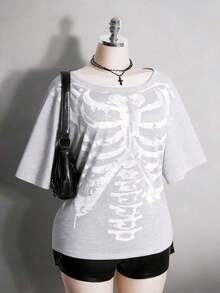 Colección verano 2026. Camiseta holgada mujer talla grande, estampado calavera y rosa gótico punk, estilo retro vanguardista. Tallas 3–7XL, apta otoño-invierno. Envío gratis 24h. - Gris - Ver 9