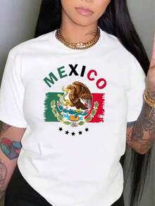 Women's Short Sleeve T-Shirt With Mexican Flag Print, Casual Summer Sports Top, Comfortable Knit Fabric, Polyester, Round Neck, Elastic, Patriotic Design, Fashionable T-Shirt For Ladies - Ideal For Summer, Women's Oversized Vintage Graphic Cotton T-Shirt - 白色的 - 查看 7