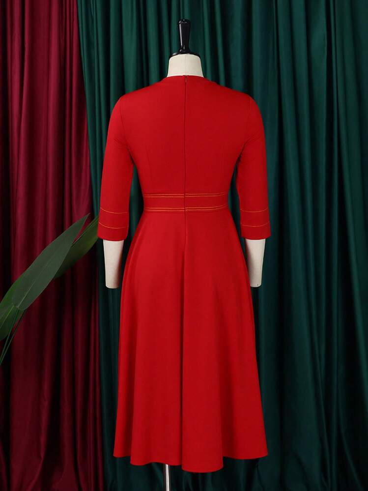 Conjunto para mujer talla grande: vestido de fiesta cuello alto manga corta con falda acampanada y vestido de manga tres cuartos - Rojo - Añade 2