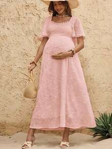 Vestido casual con escote de corazón para mujeres embarazadas en vacaciones de verano - Rosa Pálido - Ver 8