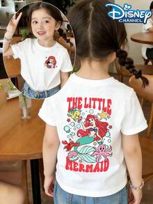 Disney Underwater Mermaid Ariel Princess And Sea Creatures Graphic Summer Tops, Perfect For Cute Girls. Teen Girl Gift,Comfortable And Breathable Children's Short-Sleeved T-Shirt. 180g Pure Cotton Children's Clothes,Suitable For Both Boys And Girls.Suitable For Daily Wear, Vacations, Outdoor Activities, And As A Children's Gift. - trắng - Xem 2