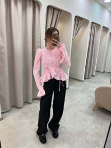 Camisa para mujer 2026 verano nuevo, moderna con botones, volantes, estilo suave y elegante - Rosa Pálido - Ver 4