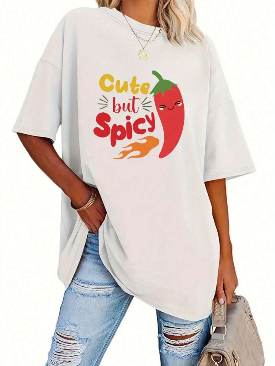 Talla Grande, Camiseta con Estampado de Letras, Manga Corta, Cuello Redondo, Top Casual, Ropa de Mujer - Blanco - Ver 1