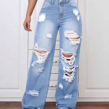ICON Plus Size Women's Street Style Distressed Straight Leg Jeans, Summer - Lavado ligero - Ver 2