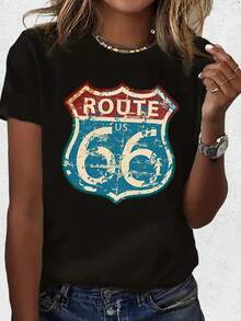 Plus Size Women's T-Shirt With Vintage Highway Shield Graphic Design, Short Sleeve, Round Neck, Casual Style, Black, Retro Travel Design - 黑色 - 查看 6