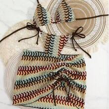 2026 New Wave Pattern Knit Bikini Three-Piece Set Beach Vacation Halter Neck Tie Swimwear For Women - Light Curry Color - View 4