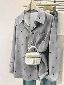 Camisa polo de manga larga con bolsillo y estampado de corazón de unicolor básico casual para mujer, adecuada para uso diario en , verano y otoño - Gris - Ver 4