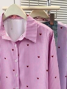 Blusa de mujer con cuello polo, estampado de corazones y rayas - Camisa casual de manga larga con botones, adecuada para uso diario en primavera, verano y otoño - Rayas rosas - Ver 6