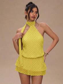 Vestido mini con estampado de lunares y espalda descubierta para mujer - Mostaza Amarilla 2 - Ver 4
