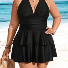 Swim Lushore Plus Size Solid Color V-Neck Ruffle Multi-Layer Hem Swimwear Dress Two Pieces Set, Fashionable Resort Style For Women For Summer Beach Vacation - Agua verde azul - Ver 6