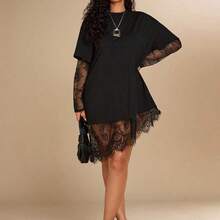 Plus Size Women's Black Short Sleeve Lace Patchwork Top, Spring & Summer Outfit Women's Casual Solid Color Asymmetrical Hem Lace Patchwork T-Shirt, Basic Everyday Wear, Spring/Summer Casual Top For Women Vacation Outfits Women Summer Holiday Outfits Holiday Outfits For Women Vacation Outfits For Women Summer Outfits Summer Outfits For Women Spring Outfit Women Spring Break Outfits Beach Dress Beach Outfits For Women Beach Outfit For Women Casual Blouses For Women Going Out Top Going Ou - Negro - Ver 5