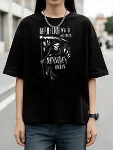Grim Reaper Scythe German Quote Gothic Dark Retro Cotton Summer Short Sleeve T-Shirt - Black - View 6