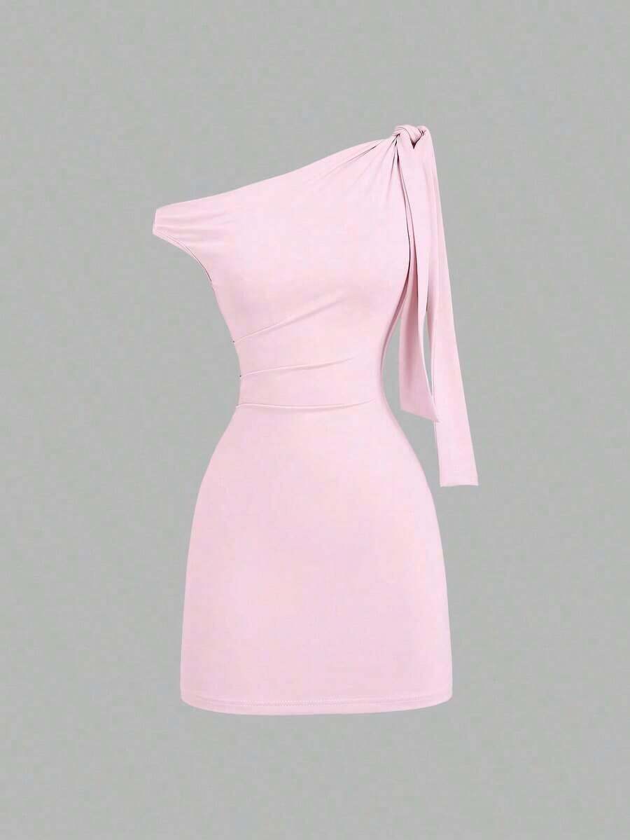 Vestido ceñido sexy con volantes asimétricos en los hombros, que cincha la cintura y tiene una silueta favorecedora, falda mini elegante francesa - Rosa Pálido 2 - Ver 1