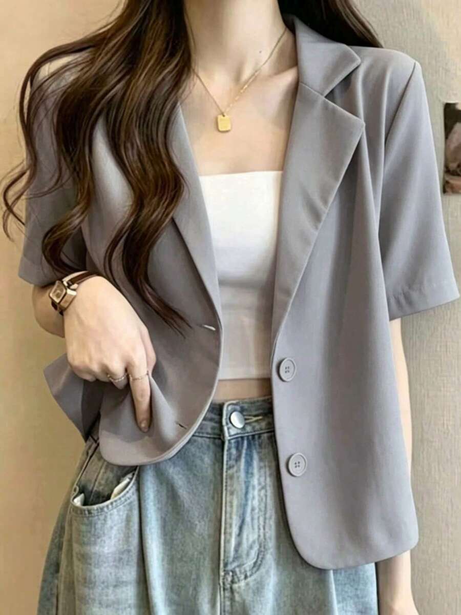 Korean Fashion Gray Women's Blazer Jacket, Short Sleeve Casual Suit Top For Summer - Grey - View 1