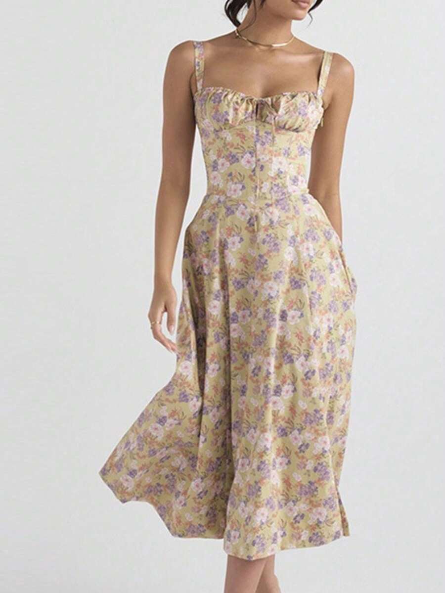 French-Style Long Strapless Dress With Soft Flowers - Khaki - View 1