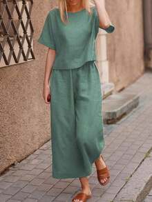 Conjunto De Top Y Pantalones Para Damas Con Cuello Redondo Y Mangas Murciélago - verde menta - Ver 6