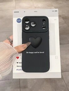 1个黑色3D爱心“快乐并被爱”标语手机壳，磨砂软TPU全摄像头保护套，简约可爱风格，兼容 15/14/13/12/17 Pro Max和Galaxy S25 Ultra，日常使用手机壳/礼品，快速发货 - 黑與白 - 查看 3