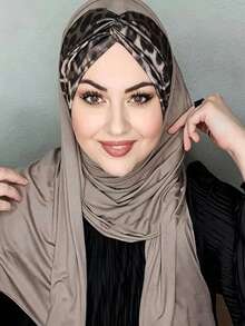 Printed Patchwork Headscarf, Soft & Drapey Turban Style Headwrap, Breathable Daily Wear - Brown Leopard Print Rectangular Scarf - View 3