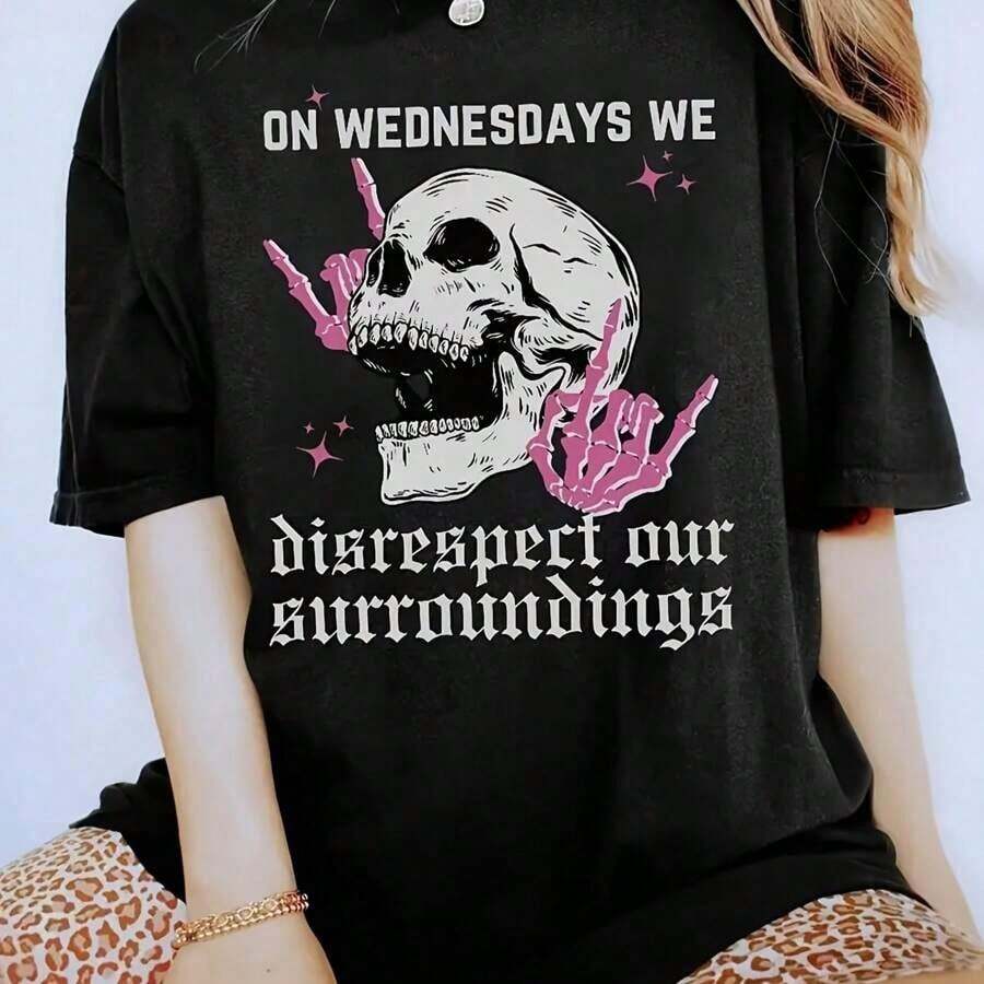 1 pieza de camiseta casual para mujer. Camiseta con estampado gráfico de esqueletos y cuello barco, manga corta, 180g, 100% algodón. Todos los diseños están impresos. Unisexo. - Negro - Ver 1