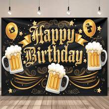 1pc Happy Birthday Beer Festival Party Backdrop - Retro Black Gold Design, Backdrop Decor, Suitable For Living Room Decoration, Outdoor Setup And Party Decoration - 14 - View 2