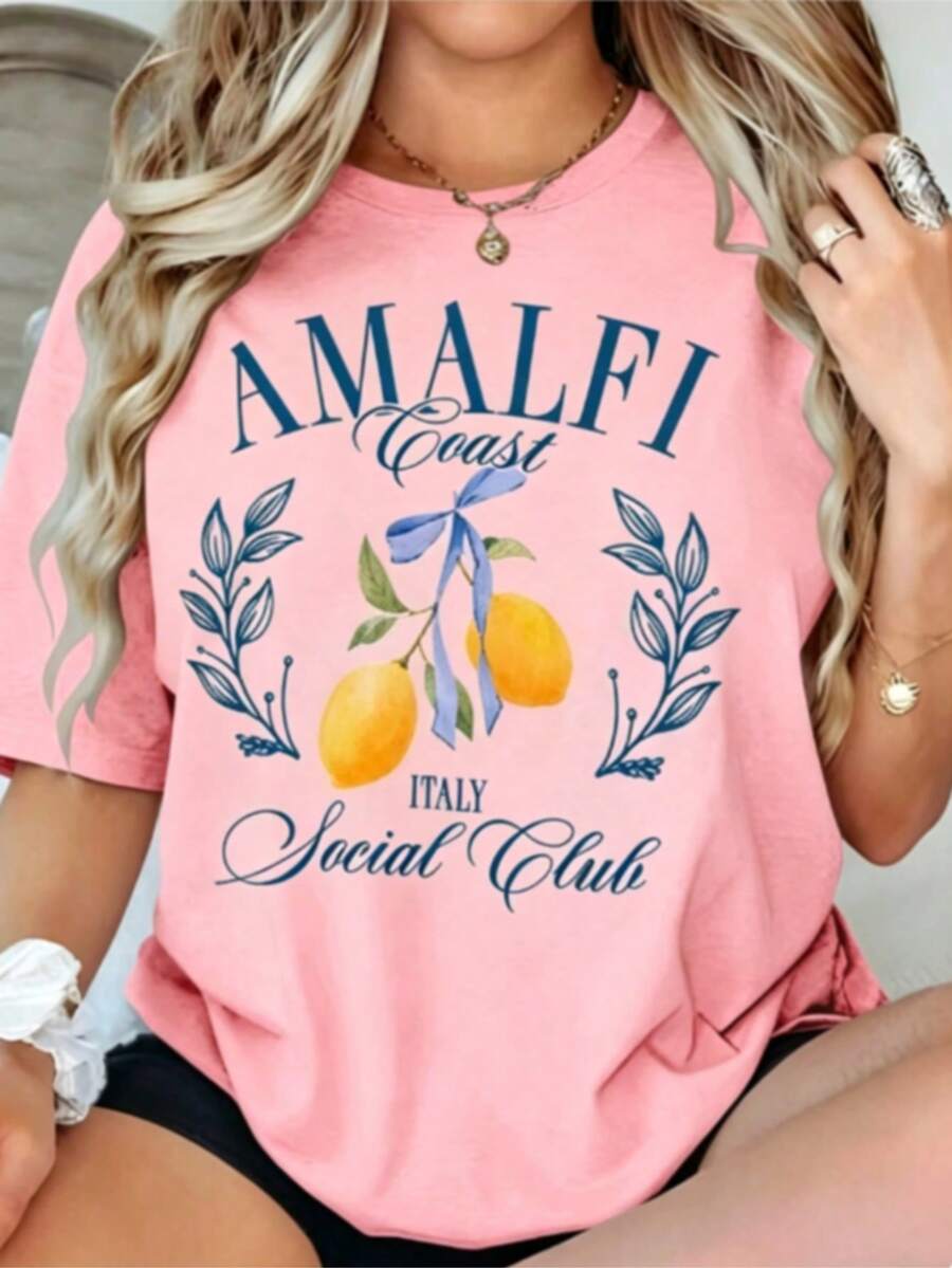 Women's Fall Amalfi Italy Lemon Graphic Tee, "AMALFI ITALY Social Club" Print, 180g Soft Slightly Stretch Cotton Round Neck Short Sleeve Casual Top - 粉色 - 查看 1
