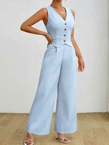 PETITE Conjunto de dos piezas a rayas para mujer: chaleco de verano y pantalones - Conjunto de dama elegante de ajuste regular con cremallera, camiseta de color caqui y pantalones, atuendo casual de dos piezas para uso diario en primavera/otoño - Celeste - Ver 4