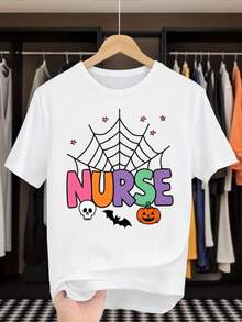 Camiseta de la enfermera de Halloween Web de araña y murciélagos de las mujeres - cuello blanco de manga corta con letras y iconos de la enfermera, suelto uste casual cómodo transpirable top para regalo de Halloween / Navidad, ropa de fiesta temática (diseño de cráneo y calabaza) - Blanco - Ver 2