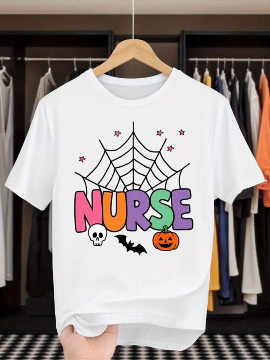Camiseta de la enfermera de Halloween Web de araña y murciélagos de las mujeres - cuello blanco de manga corta con letras y iconos de la enfermera, suelto uste casual cómodo transpirable top para regalo de Halloween / Navidad, ropa de fiesta temática (diseño de cráneo y calabaza)