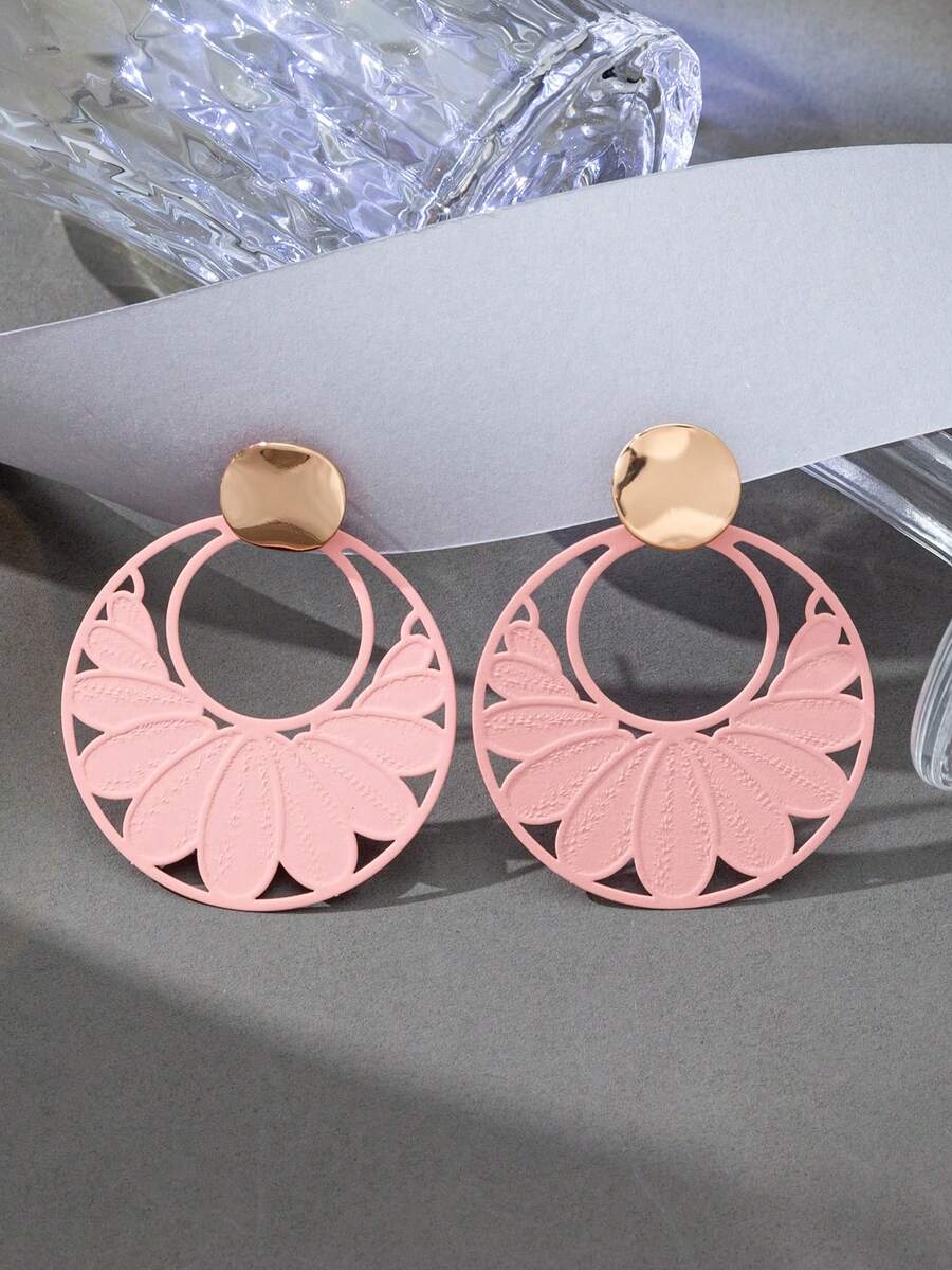 1 Đôi bông tai kim loại rỗng tròn, kiểu dáng retro thời trang, đa năng dành cho nữ, thích hợp để đeo hàng ngày. - Màu hồng - E1628 - Xem 1