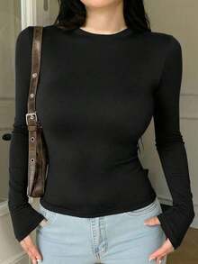 1 pieza Camiseta de mujer con cuello redondo lisa, de ajuste ceñido y manga corta, simple y de moda, adecuada para el verano - Negro 5 - Ver 1