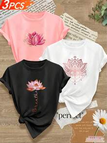 Camiseta de mujer con diseño combinado de loto dorado y rosa, estilo vintage, casual, deportiva, de manga corta, cuello redondo, estampado floral para primavera, verano y otoño. - Negro - Ver 8