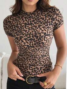 Camiseta de manga corta para mujer de ajuste ceñido, de cuello redondo y unicolor para el verano - Café integral - Ver 1
