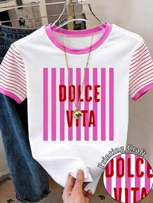Camiseta casual de mujer de cuello redondo y manga corta con estampado de letras y rayas - Multicolor 12 - Ver 1