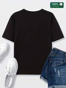 100% Cotton Retro Style T-Shirt, With Celebrity Graffiti, Hip-Hop, Punk, Urban Fashion, Harajuku Style, Suitable For Home, Casual Use, Elegant, Versatile, For Going To Work, Sports, Universal, Comfortable, Made Of Durable Pure Cotton, For Everyday Casual Use. - 黑色 - 查看 4