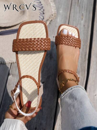 WRCVS Flat Sandals, Square Toe Woven Strap Buckle Decor, Sexy Party Beach Shoes, Bohemian Style Vacation Slippers
