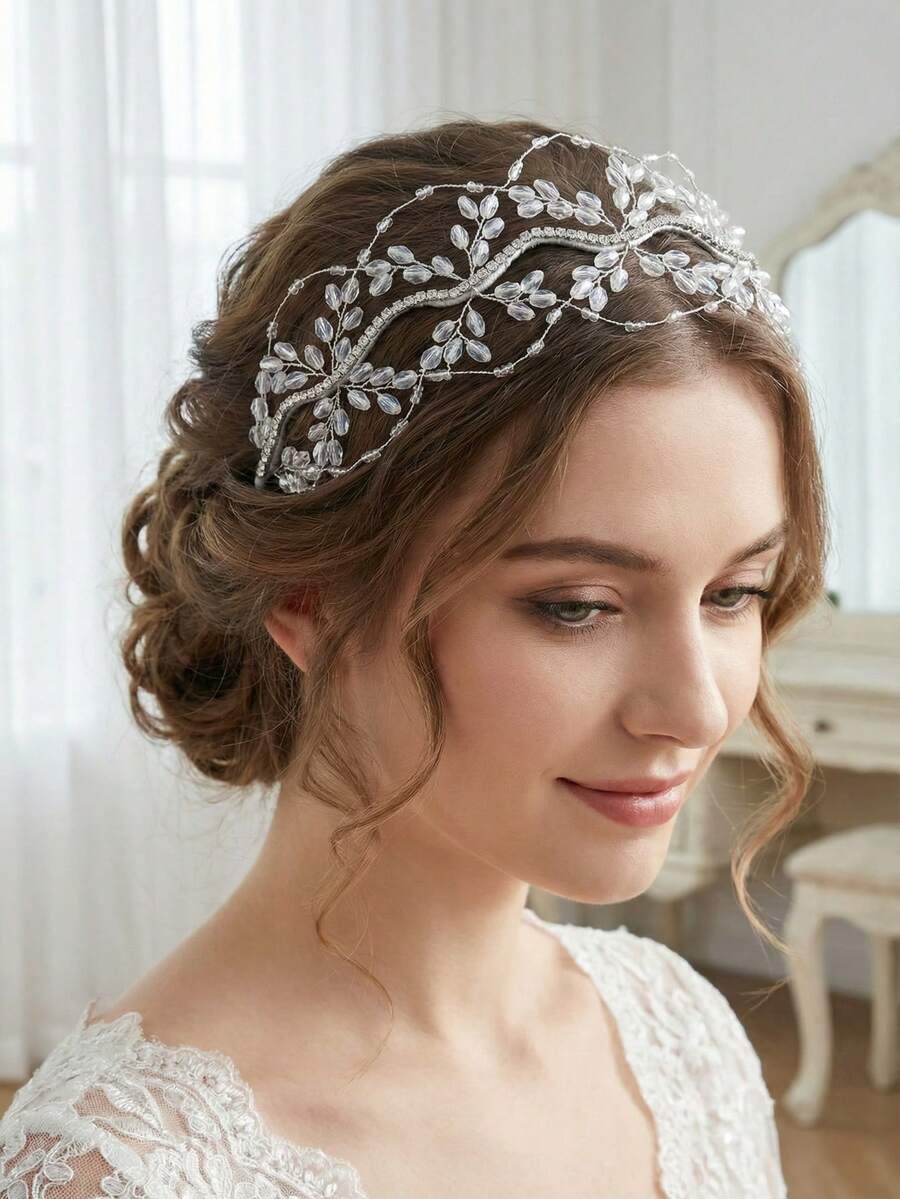 1 pieza Diadema de cristal plateado con cuentas estilo hada, diadema de cristal de novia hecha a mano con ondas para boda, baile de graduación y fiesta