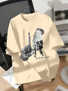 1 pieza de ropa casual de moda para hombres y mujeres, camiseta negra de talla grande para mujer con estampado de la señal de la mano LA, estilo casual urbano, moda Y2K, cómoda, estilo relajado, ropa urbana, top blanco de verano, versátil, fácil de combinar, para uso diario, estilo callejero, ropa de vacaciones, ropa de fin de semana. - Albaricoque - Ver 7