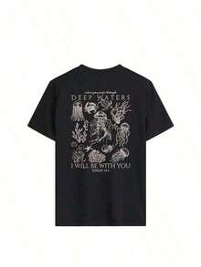 Camisetas de manga corta para mujer, 100% algodón, estilo casual, de talla grande, con estampado de medusas del océano y la frase "Deep Waters", cuello redondo, manga corta, transpirable, top negro para playa, ideal para uso diario y vacaciones. - Negro - Ver 4