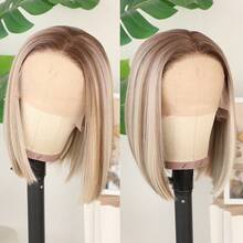 13x4 Ash Blonde Wigs Blonde Lace Front Wigs HD Lace Frontal Wigs Brown Blonde Lace Front Wig Pre Plucked Glueless Blonde Bob Wig Breathable Cap Easy Install Wig Free Part Heat Resistant Fiber Wig For Women Girls Halloween Party Vacation Daily Used 16 Inch - 挑染金色 - 查看 2