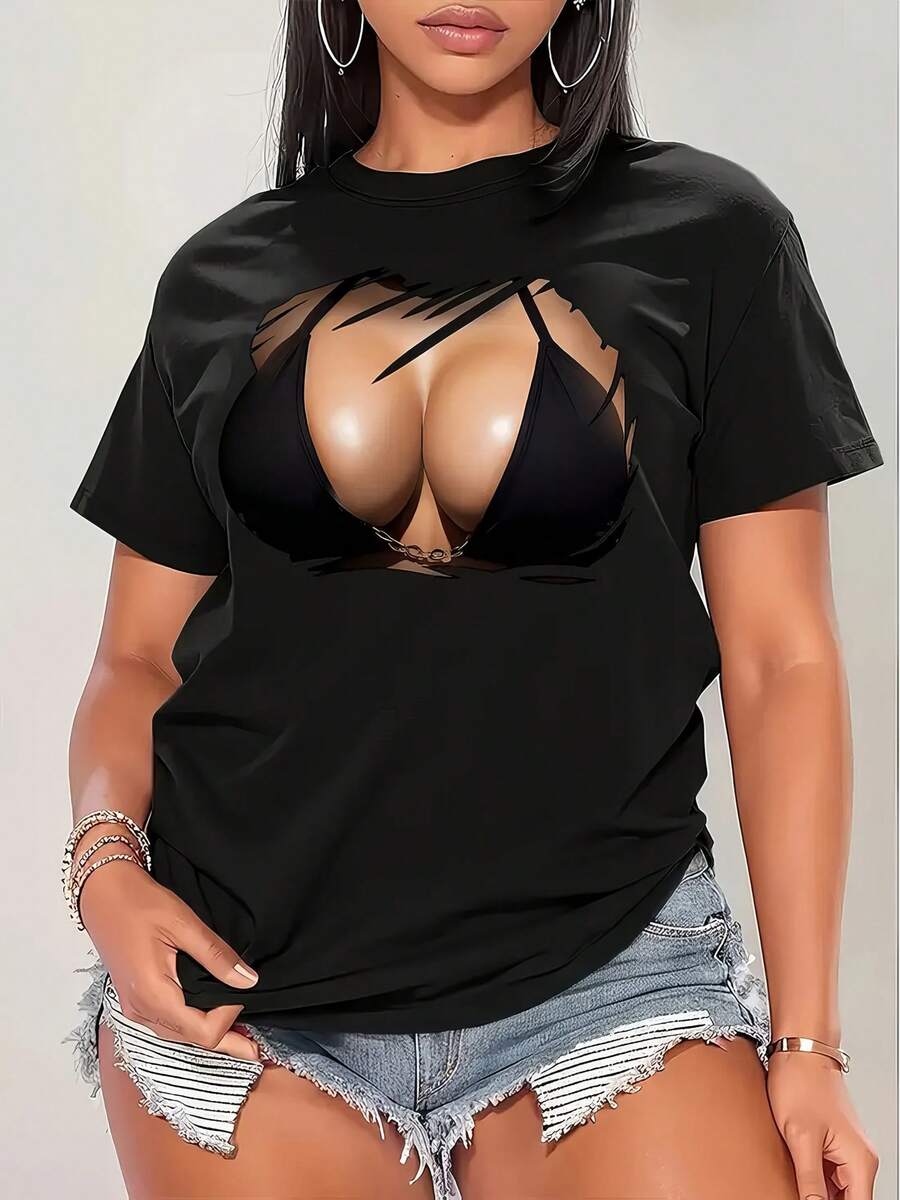 Camiseta Casual de Manga Corta con Cuello Redondo y Estampado Gráfico para Mujer - Diseño Atrevido en Negro, Lavable a Máquina, Prenda Esencial para Primavera y Verano, Camiseta con Detalle de Tirantes, Tela No Transparente, Estilo Y2k - Blanco - Ver 1