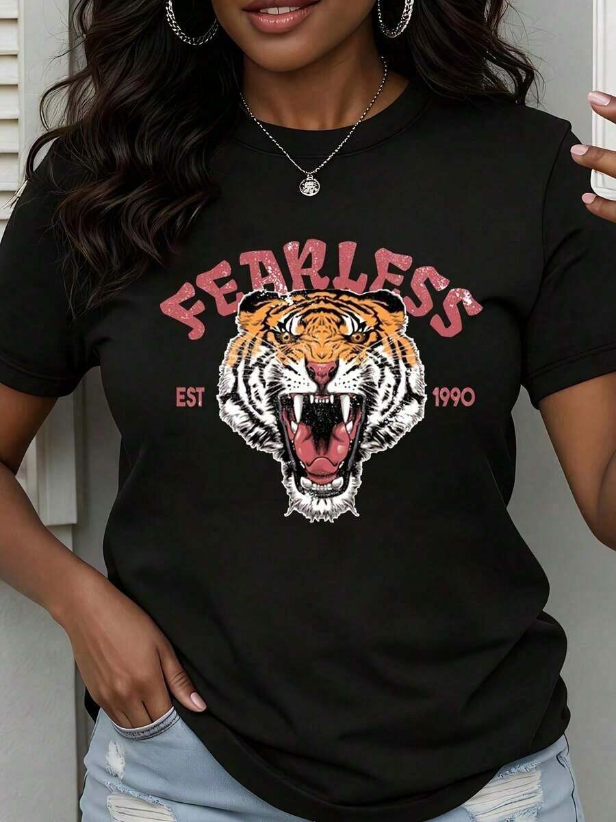 Camiseta de Cuello Redondo para Mujer con Estampado Gráfico de Cabeza de Tigre, Manga Corta, Casual para Uso Diario - Negro - Ver 1