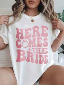Camiseta Casual de Manga Corta para Mujer - Camiseta de Verano con Cuello Redondo "Here Comes The Bride", Lavable a Máquina, Camisetas para Damas, Ropa Casual, Estilo Moderno, Ajuste Cómodo  
 -Blanco - Blanco - Ver 7