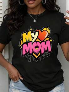 Women's Crew Neck T-Shirt With My Mom's Heart Print, Pop Art Style, Short Sleeve, Casual Wear For Mother's Day Gifts - 黑色 - 查看 7