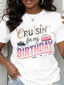Camiseta de Cuello Redondo para Mujer con Estampado "Cruisin For My Birthday", Manga Corta, Casual, para Fiesta, Celebración, Viaje de Crucero, Regalo de Cumpleaños - Blanco - Ver 7