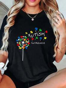Camiseta con diseño de pieza de rompecabezas de diente de león para concientización sobre el autismo, regalo genial para la concientización sobre el autismo, camisetas gráficas para mujer, cuello redondo, manga corta, casual. - Negro - Ver 5