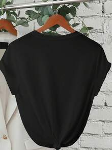 Camiseta de manga corta para mujer, estilo nuevo de primavera y verano, con estampados de personajes y letras en inglés, camiseta casual personalizada. - Negro - Ver 3