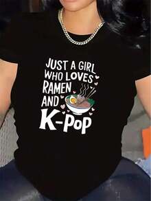 Camiseta de mujer moderna, informal, para fiestas y para estar en casa, 100% algodón, corte holgado. . De corte holgado. Camiseta de poliéster blanca para mujer con estampado "Just A Who Loves Ramen And K-Pop", suave y ligera, corte casual, regalo perfecto para entusiastas de la comida y la música, accesorios de ramen - Estilo callejero vintage, unisex, holgada, de algodón, manga corta, cuello redondo, blusas casuales. - Negro - Ver 7