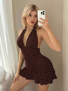Vestido mini casual, de vacaciones, de estilo retro, con escote en V profundo y estampado de lunares blanco y negro - Cafetería - Ver 6